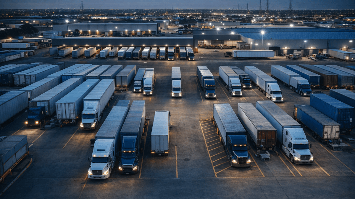 Freight distribution centre with trucks staged for loading and dispatch.